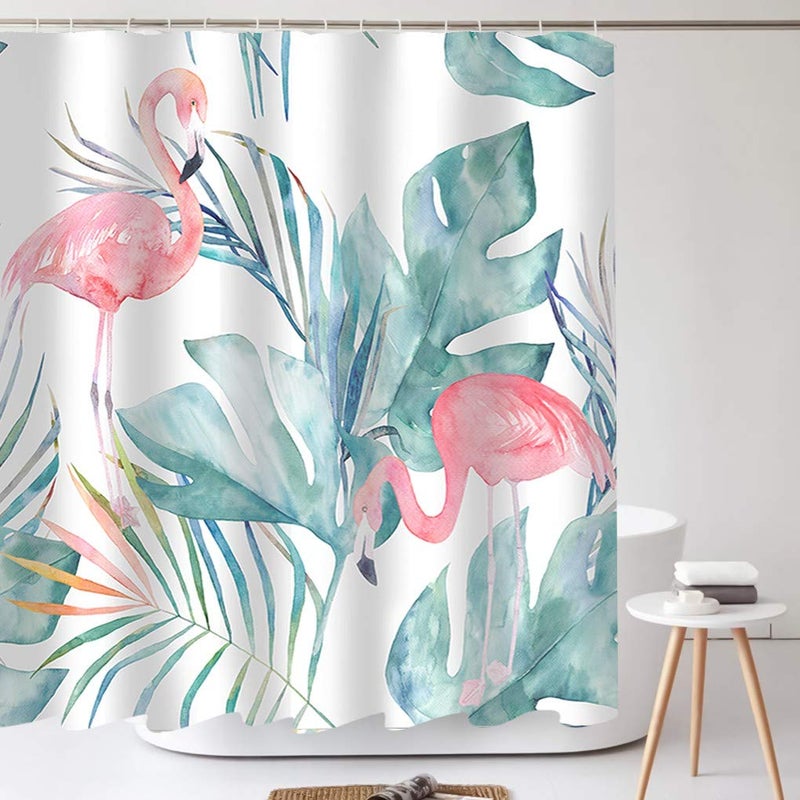 Tititex Tropical Pink Flamingo Shower Curtain with Hooks, Teal Palm Leaves Modern Style Waterproof Fabric Bathroom Decor Set 72X72 Inch - Image 1